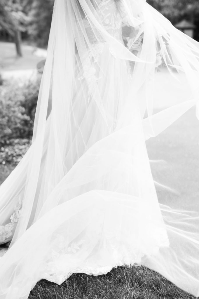 black and white picture of a wedding veil blowing in the wind