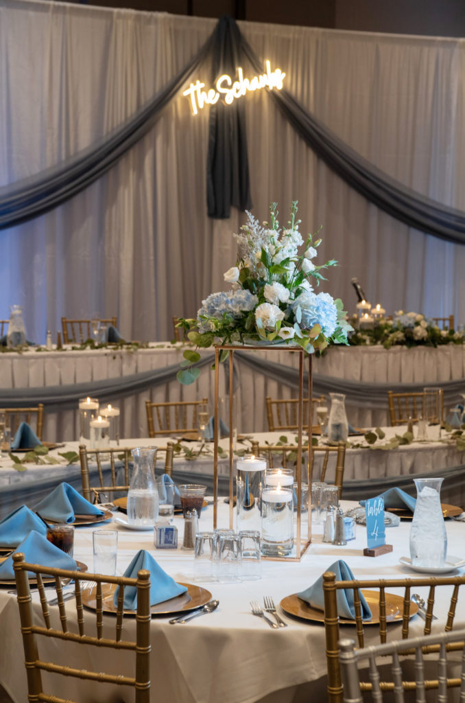 blue and white wedding reception at the DoubleTree by Hilton Hotel Bay City