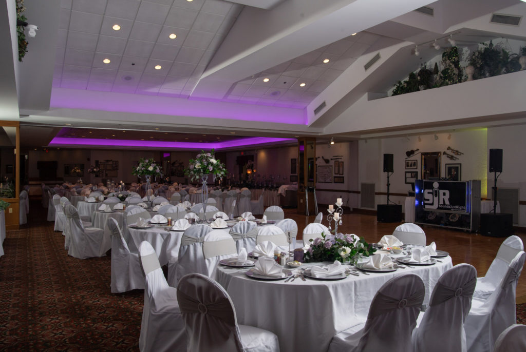 purple and white wedding reception decor at the Bavarian Inn in Frankenmuth 