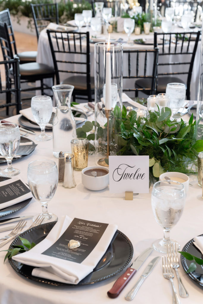 modern black and white wedding reception table