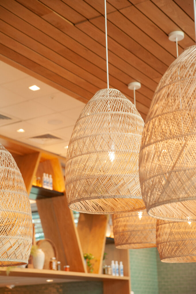 boho tan lanterns hanging from the ceiling of Anise restaurant 