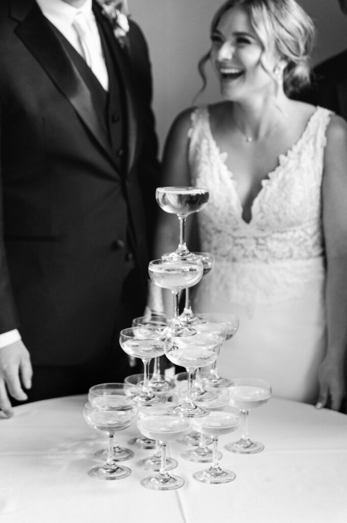 a classic champagne tower for an elegant wedding at the H Hotel
