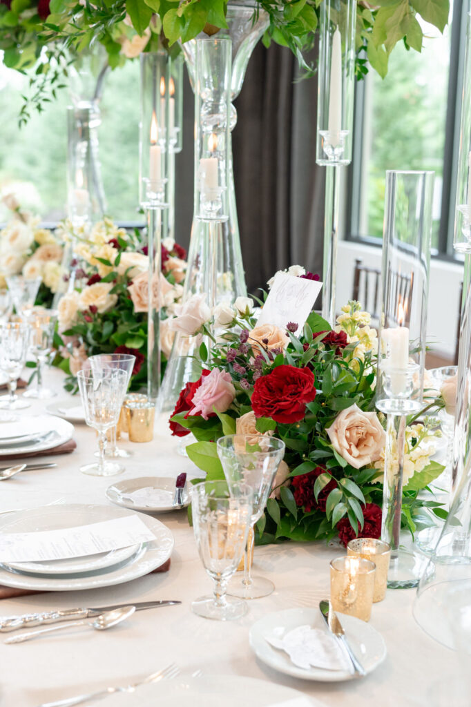 elegant wedding reception table setting inside the conservatory of Venue3Two