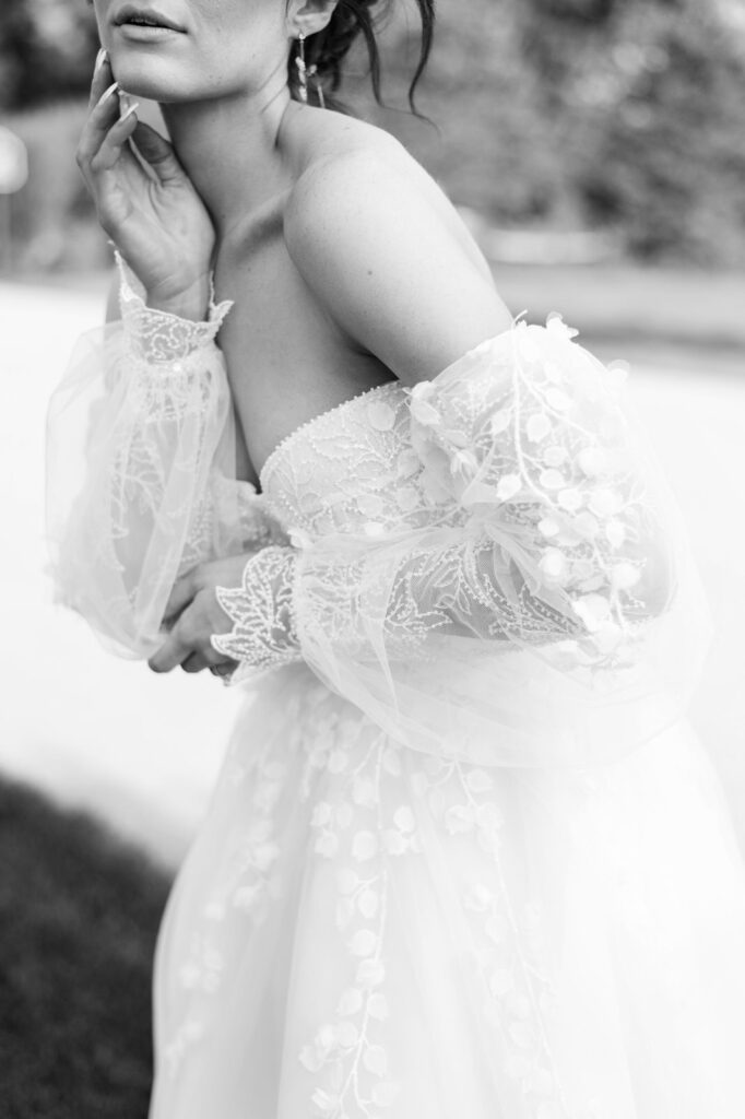 bride wearing the Eva Lendel Astoria wedding dress