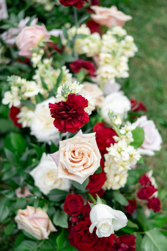 red, pink, and white flowers