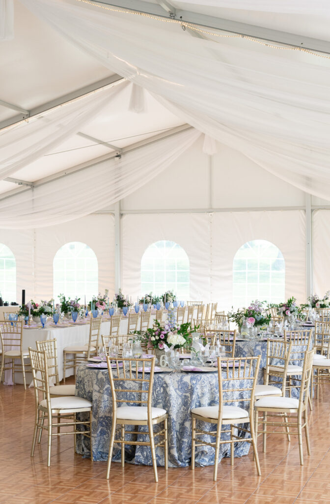 wedding reception decor under the white tent at Waldenwoods Banquet & Conference Center in Howell, MI