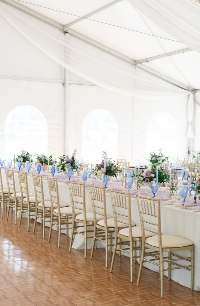 spring, ethereal wedding reception decor inside a white tent