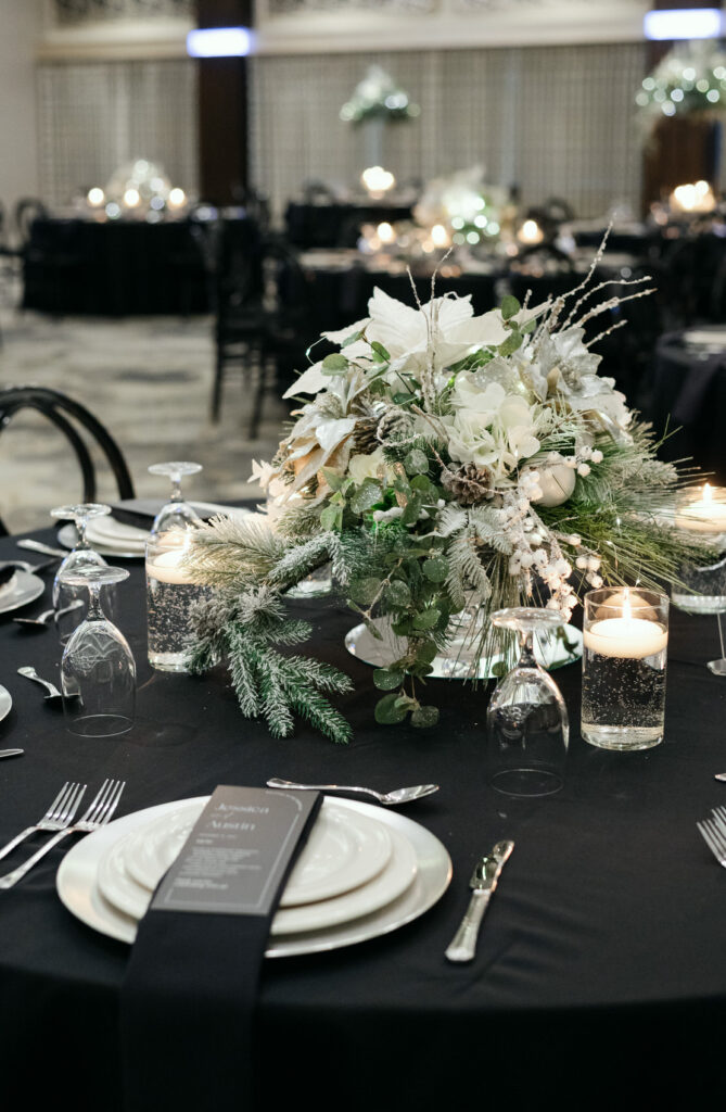 silver and white frosted wedding reception centerpiece decor in Detroit, MI