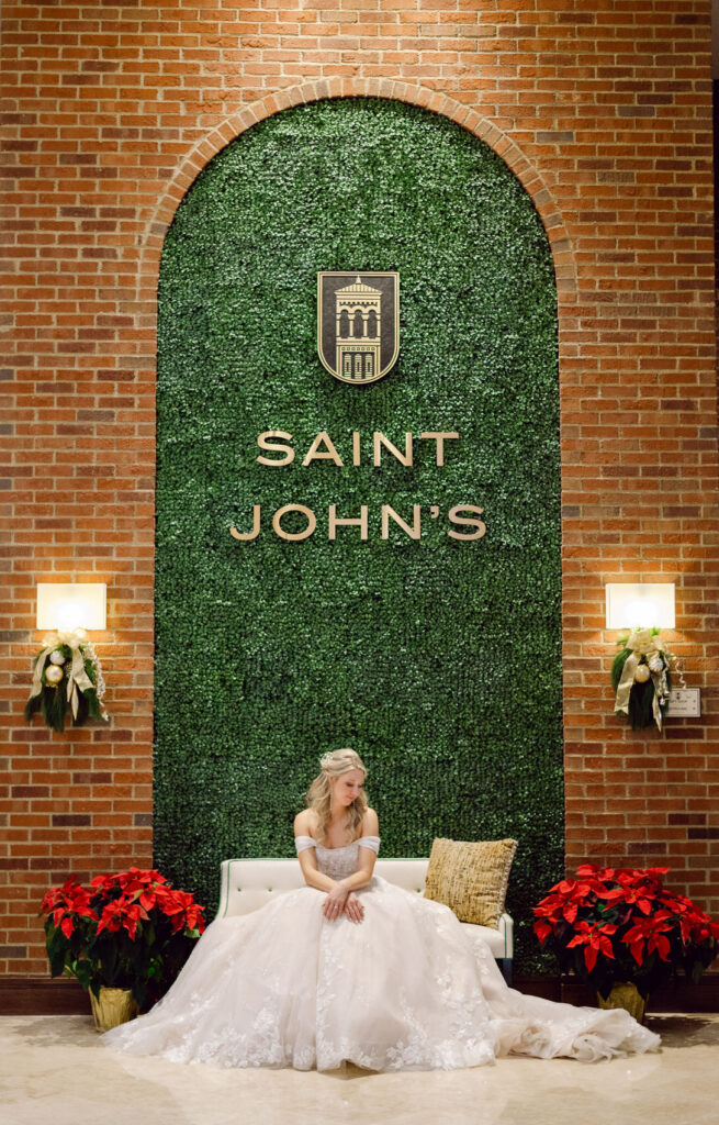 bridal portrait in the Saint John's Resort in Plymouth lobby