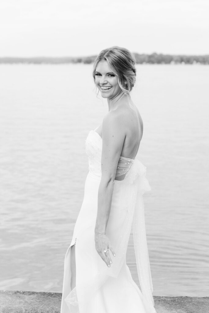 Bridal portrait with Gun Lake in the backdrop on a summer evening