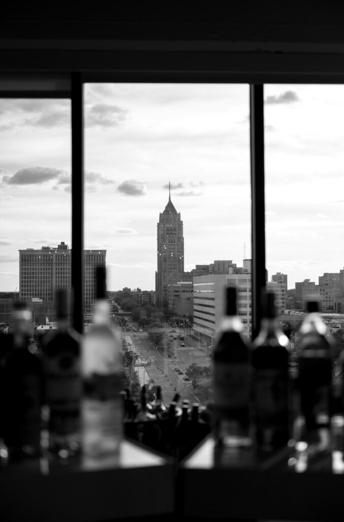 Detroit Michigan skyline with a bar in the foreground 