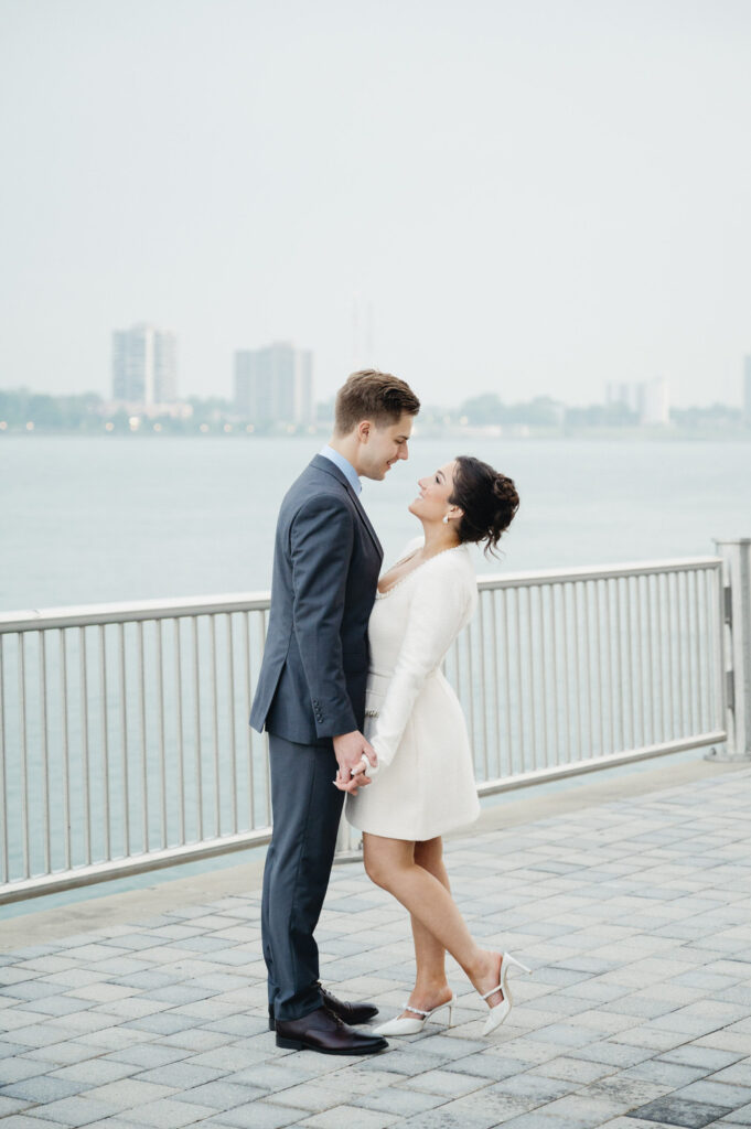 Detroit Riverwalk engagement photo session at sunset