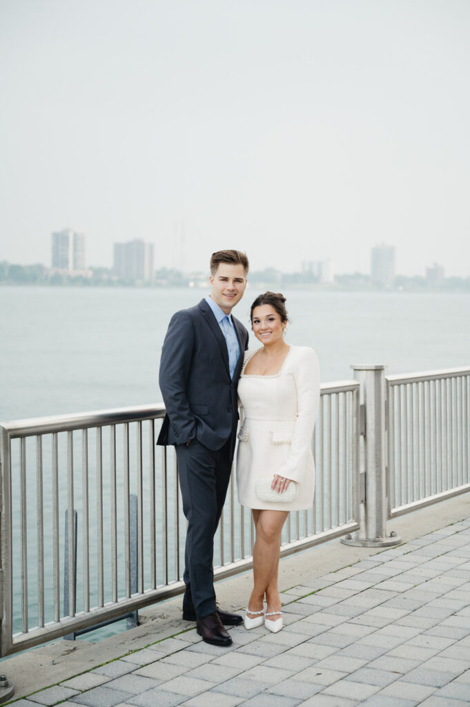 engagement photo session on the Detroit riverwalk at sunset